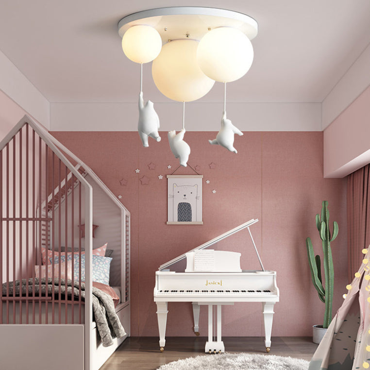 White Globe Ceiling Light in Kids Style artistique Resin Bear Flush Mount with Glass Shade