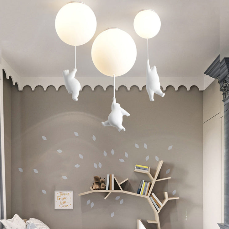 White Globe Ceiling Light in Kids Artistic Style Resin Bear Flush Mount with Glass Shade