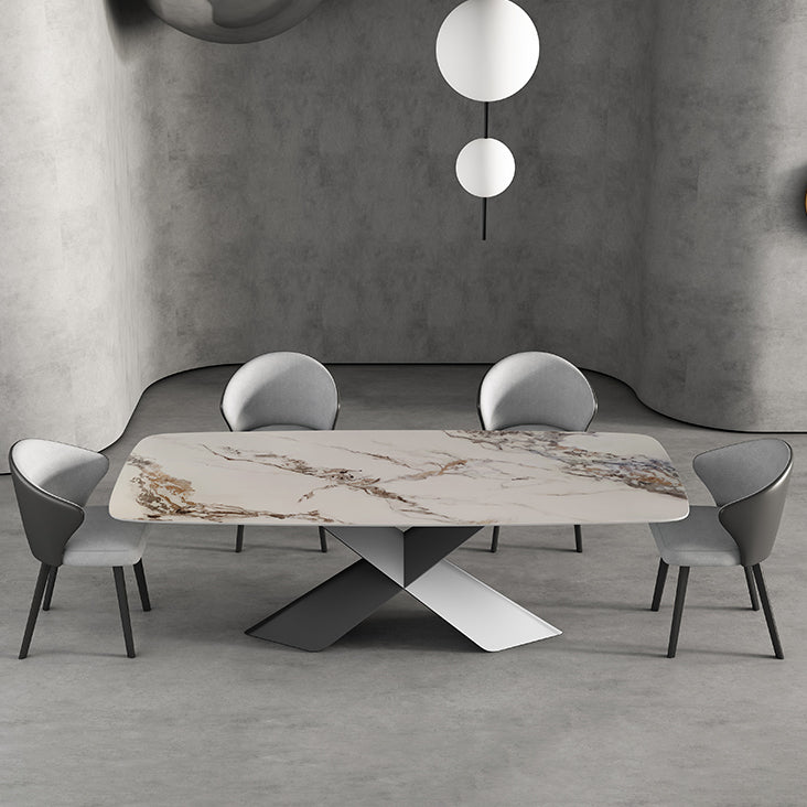 Modern Style Sintered Stone Dining Table with Standard Height Table and Black Pedestal Base