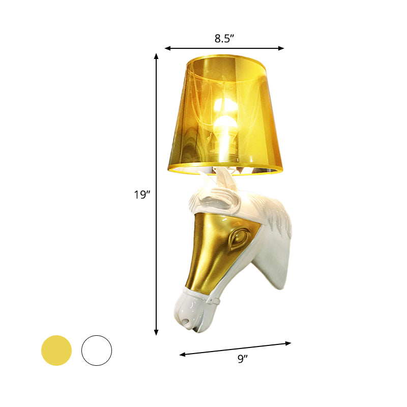 Traditional Cone Sconce Light Fixture 1 Bulb Fabric Wall Mount Lighting in White/Gold for Bedroom with Horse Head Backplate