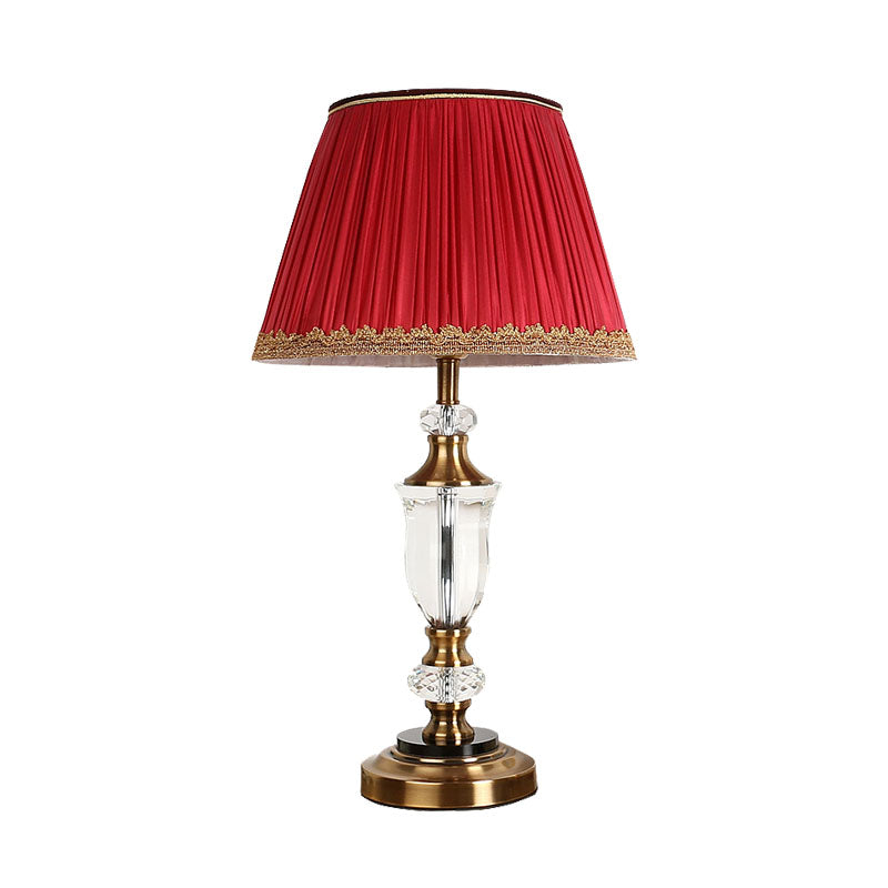 Red Single Head Night Table Light Countryside Crystal Tapered Nightstand Lamp for Bedroom