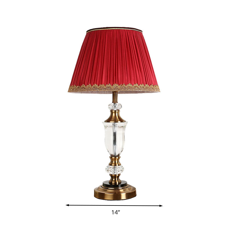 Red Single Head Night Table Light Countryside Crystal Tapered Nightstand Lamp for Bedroom