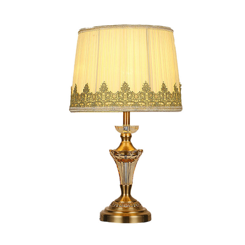 Fabric Beige Table Lamp Tapered Drum 1 Light Minimalism Night Light with Crystal Base