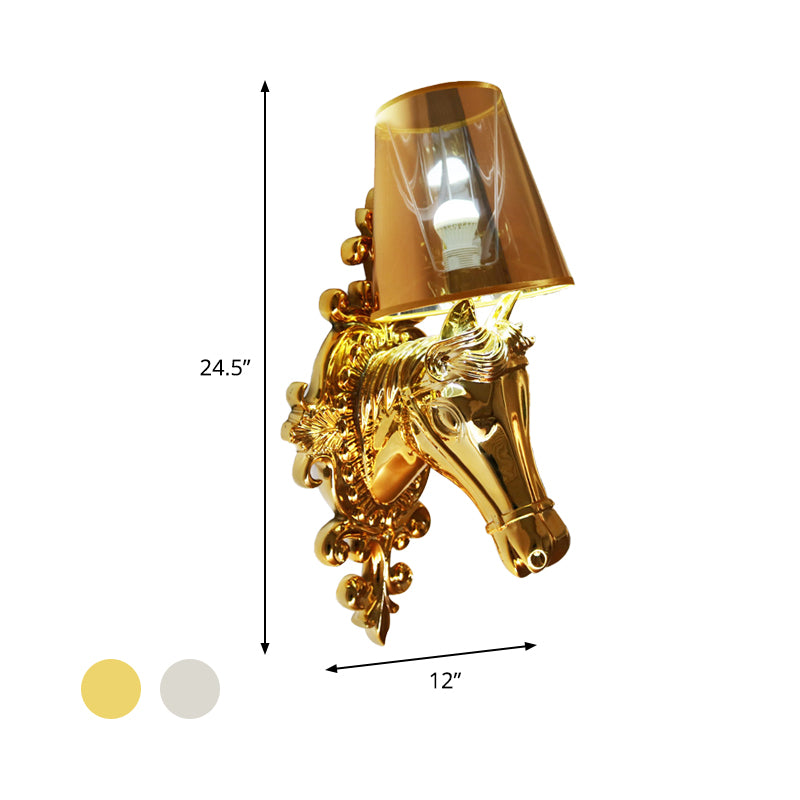 One Bulb Fabric Wall Lighting Traditional Gold/Silver Cone Corridor Sconce Light Fixture with Horse Head Backplate