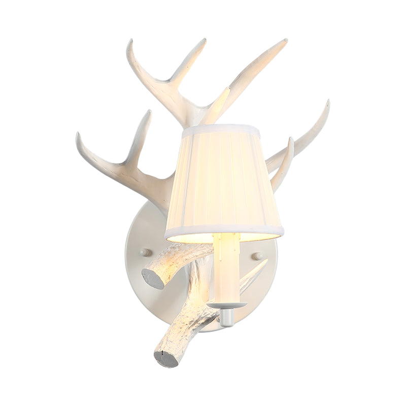 1 Light Resin Wall Lamp Rustic White Cone Dining Room Sconce Light Fixture with Elk Backplate