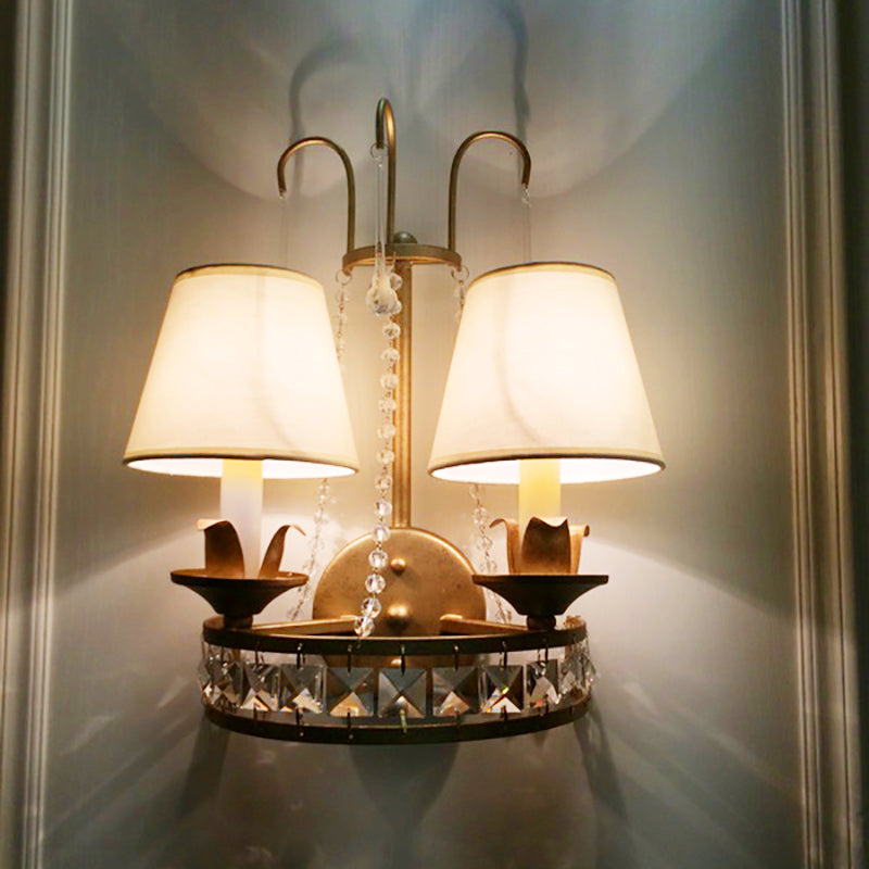 Rustic Barrel Sconce Lamp 2 Bulbs Metal and Fabric Wall Mounted Light in Antique Brass for Bedroom