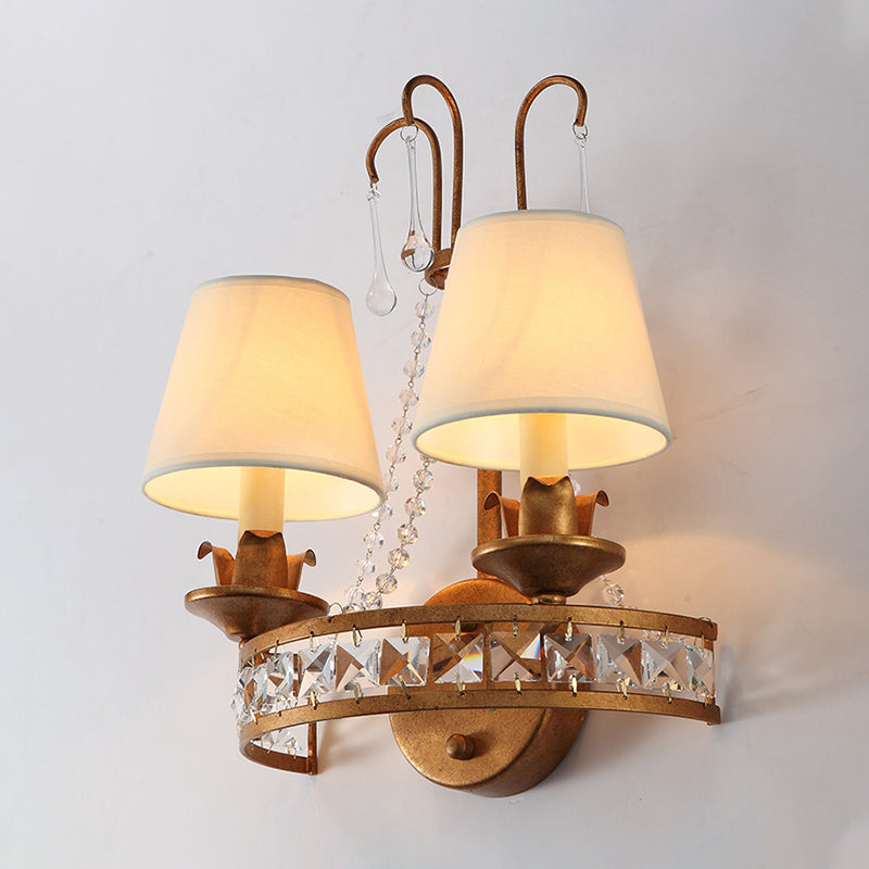 Rustic Barrel Sconce Lamp 2 Bulbs Metal and Fabric Wall Mounted Light in Antique Brass for Bedroom