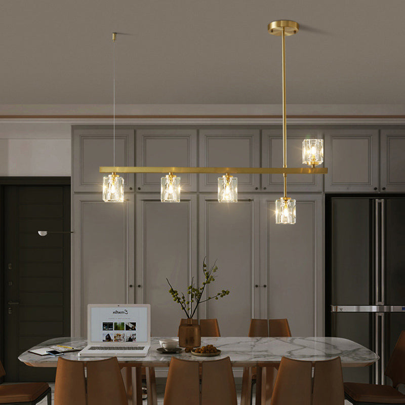Linear Pendant Lighting Modern Island Lights Crystal Metal 4 Light Island Ceiling Light in Gold