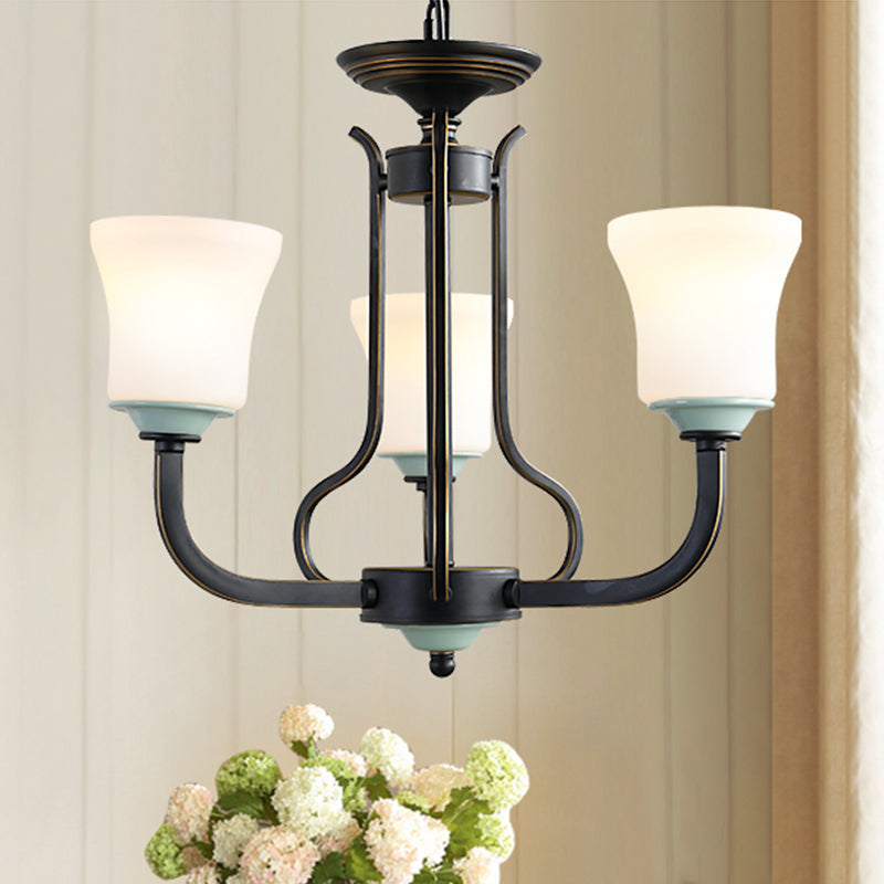 Bell Wohnzimmer Anhänger Kronleuchter traditionelles Opalglas 3/6 Lichter Schwarze Hängevorrichtung