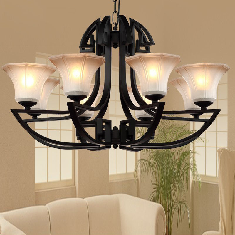 Black 3/6 lumières Pendre lustre en verre givré vintage et forme de fleur en métal Lumière suspendue