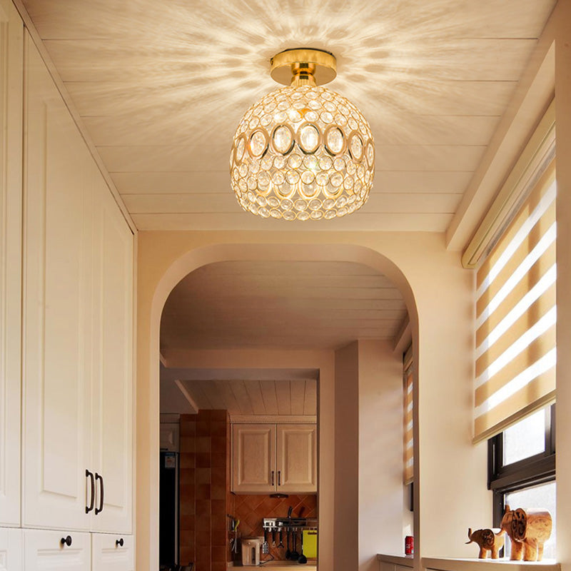 Gold Dome Shade Flush Ceiling Light Contemporary 1 Bulb Crystal Flush Light for Corridor