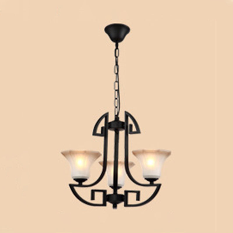 Black 3/6 lumières Pendre lustre en verre givré vintage et forme de fleur en métal Lumière suspendue