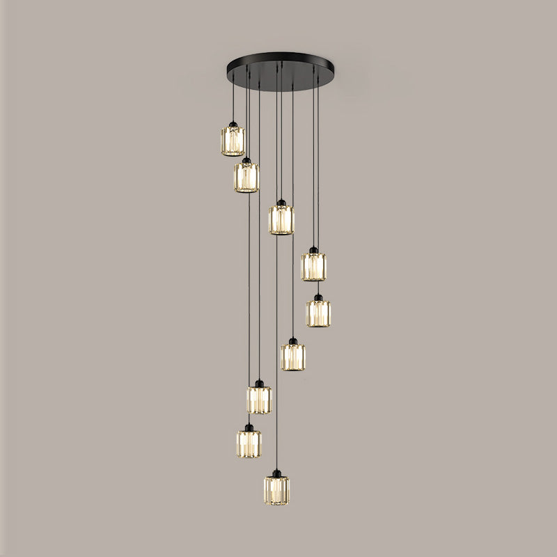 Contemporary Cylindrical Pendant Clear Crystal Multiple Hanging Ceiling Light for Spiral Stair