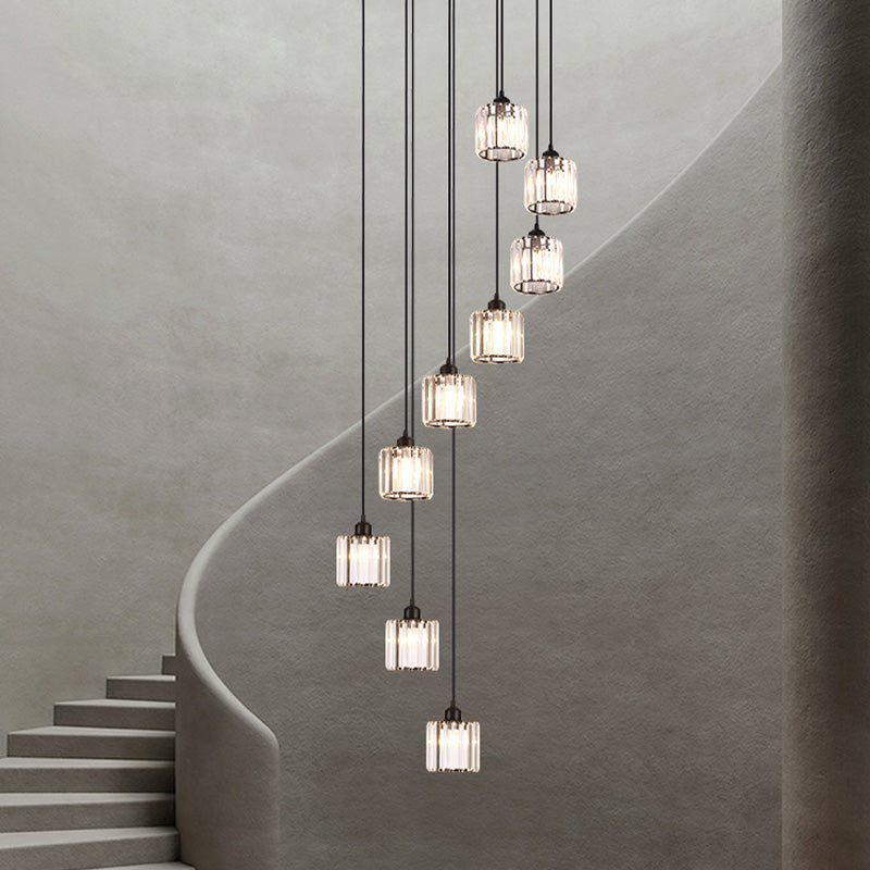 Contemporary Cylindrical Pendant Clear Crystal Multiple Hanging Ceiling Light for Spiral Stair