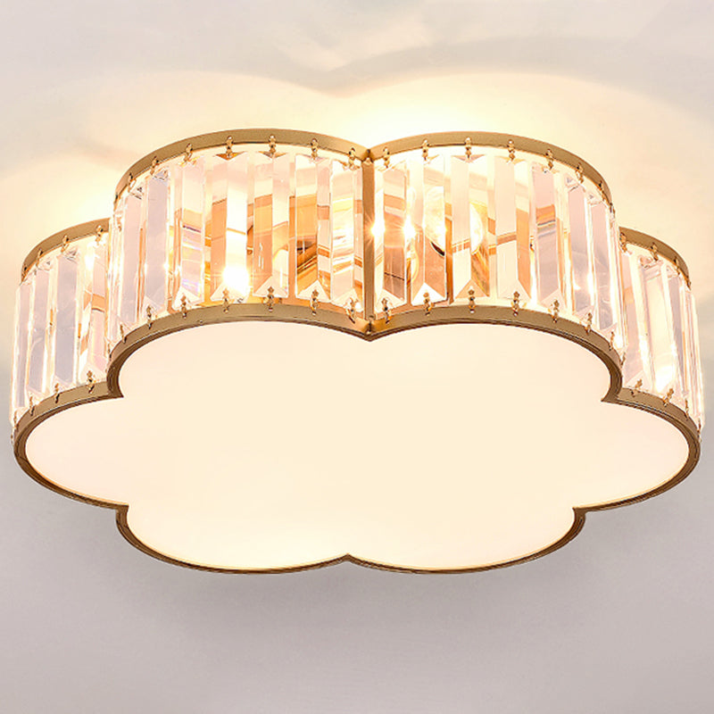 Colonical Luxury Flush Mount Wrought Iron Floriated Ceiling Fixture with Crystal Shade
