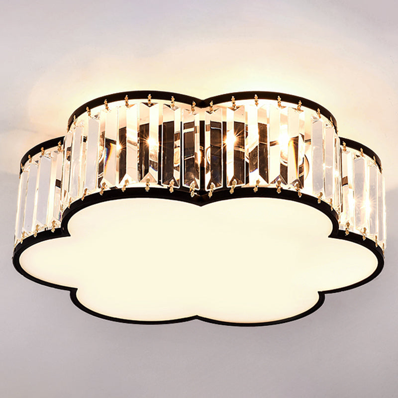 Colonical Luxury Flush Mount Wrought Iron Floriated Ceiling Fixture with Crystal Shade