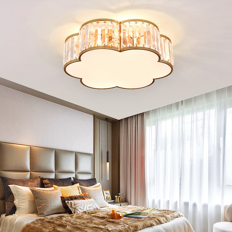 Colonical Luxury Flush Mount Wrought Iron Floriated Ceiling Fixture with Crystal Shade
