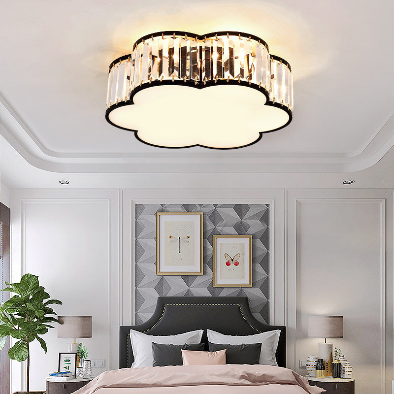 Colonical Luxury Flush Mount Wrought Iron Floriated Ceiling Fixture with Crystal Shade