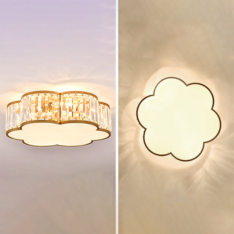 Colonical Luxury Flush Mount Wrought Iron Floriated Ceiling Fixture with Crystal Shade