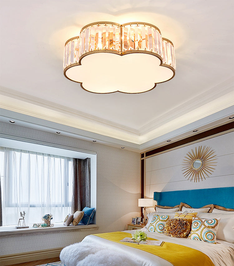 Colonical Luxury Flush Mount Wrought Iron Floriated Ceiling Fixture with Crystal Shade