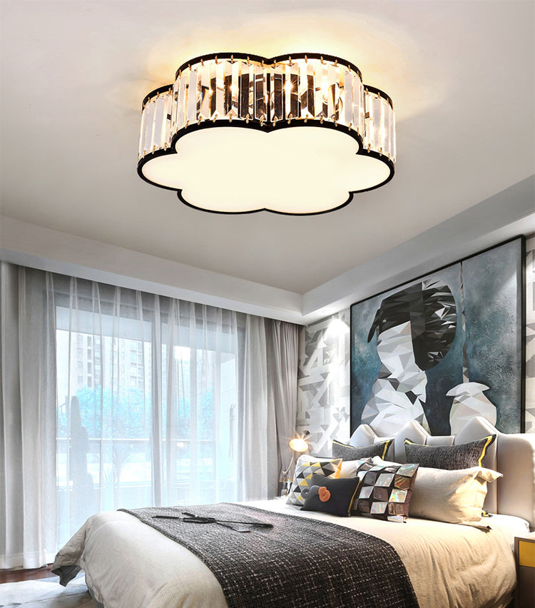 Colonical Luxury Flush Mount Wrought Iron Floriated Ceiling Fixture with Crystal Shade