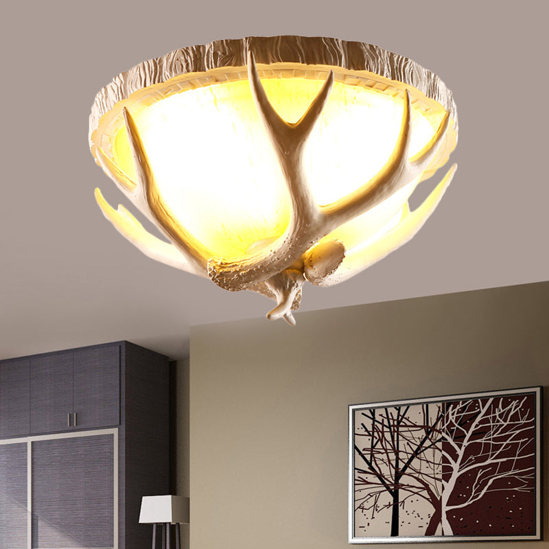 Dome Shaped Living Room Flush Mount Traditional Resin 3 Lights Brown Ceiling Light Fixture with Antler Deco