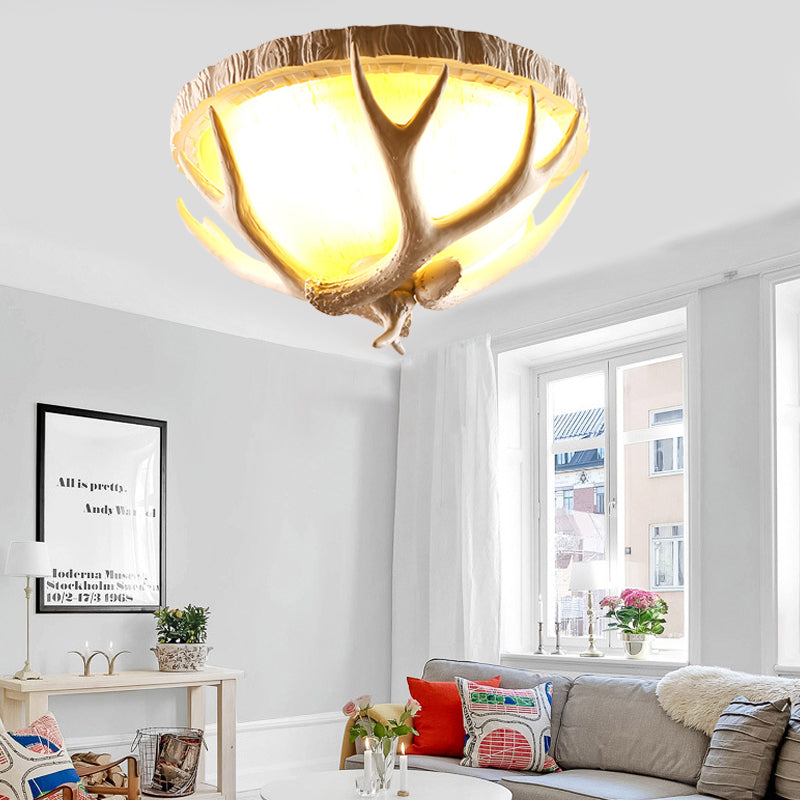 Dome Shaped Living Room Flush Mount Traditional Resin 3 Lights Brown Ceiling Light Fixture with Antler Deco