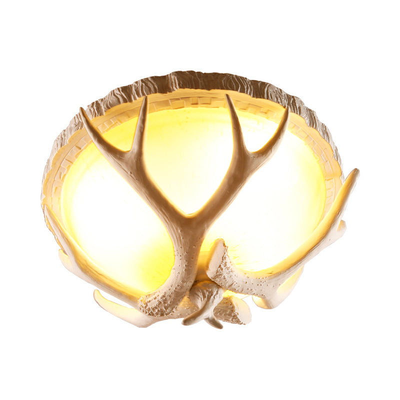 Dome Shaped Living Room Flush Mount Traditional Resin 3 Lights Brown Ceiling Light Fixture with Antler Deco