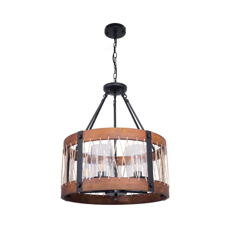 Wood Drum Chandelier Lamp Farmhouse 5-Head Living Room Pendant Ceiling Light in Brown