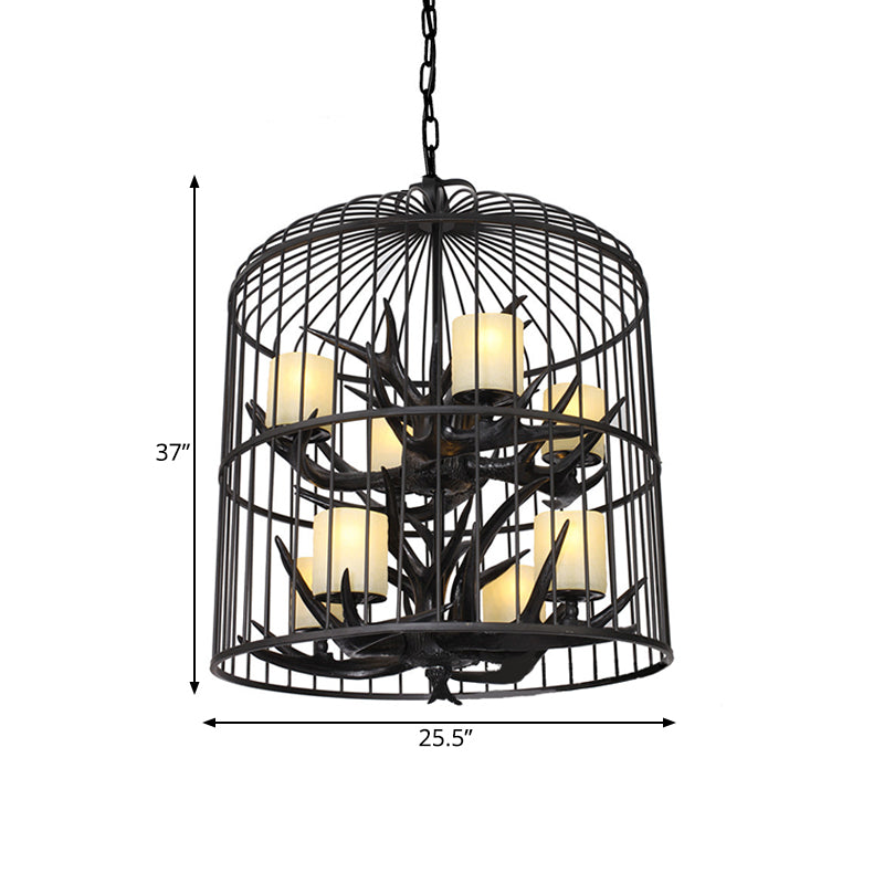 Araña colgante de jaula de pájaros negros metal tradicional de metal de 8 cabezas de comedor colgante luz de techo
