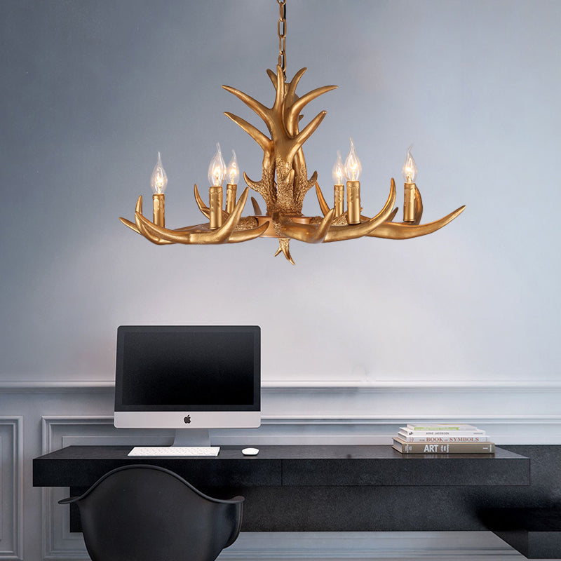 Countryside Antler Hanging Pendant 6 Lights Resin Ceiling Chandelier in Gold for Living Room