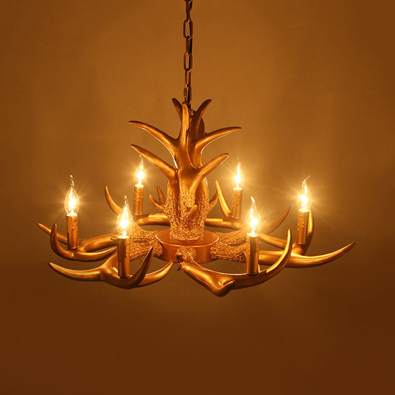 Countryside Antler Hanging Pendant 6 Lights Resin Ceiling Chandelier in Gold for Living Room