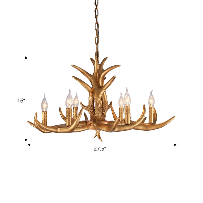 Countryside Antler Hanging Pendant 6 Lights Resin Ceiling Chandelier in Gold for Living Room