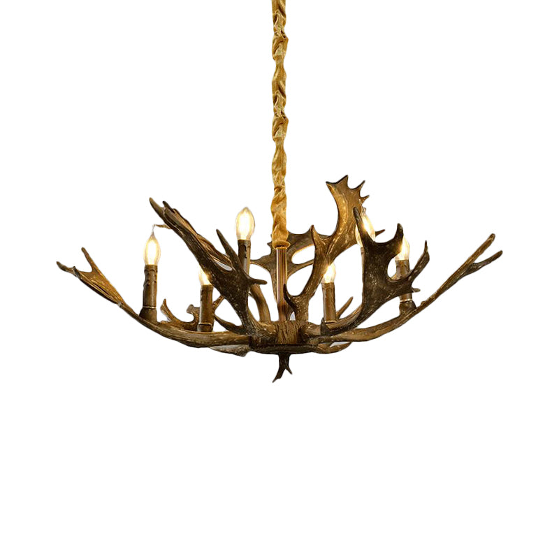 6 Lights Resin Chandelier Lamp Farmhouse Brown Candle Shape Living Room Down Lighting Pendant