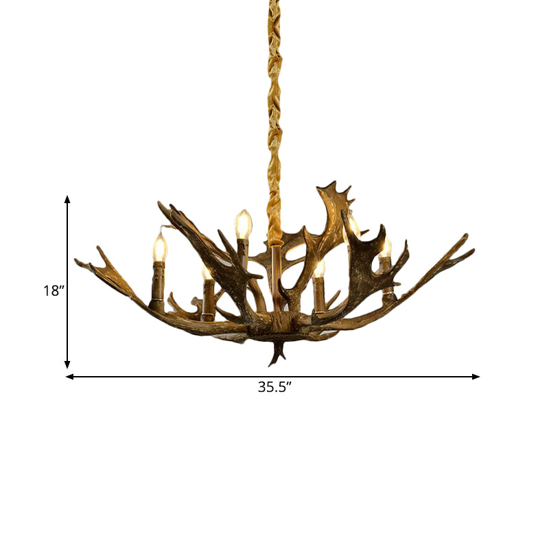 6 Lights Resin Chandelier Lamp Farmhouse Brown Candle Shape Living Room Down Lighting Pendant