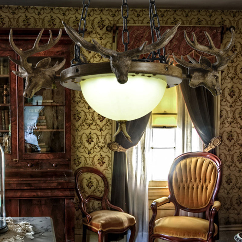 3-Bulb Glass Suspension Light Modern Beige Hemisphere Living Room Chandelier Lighting with Deer Head