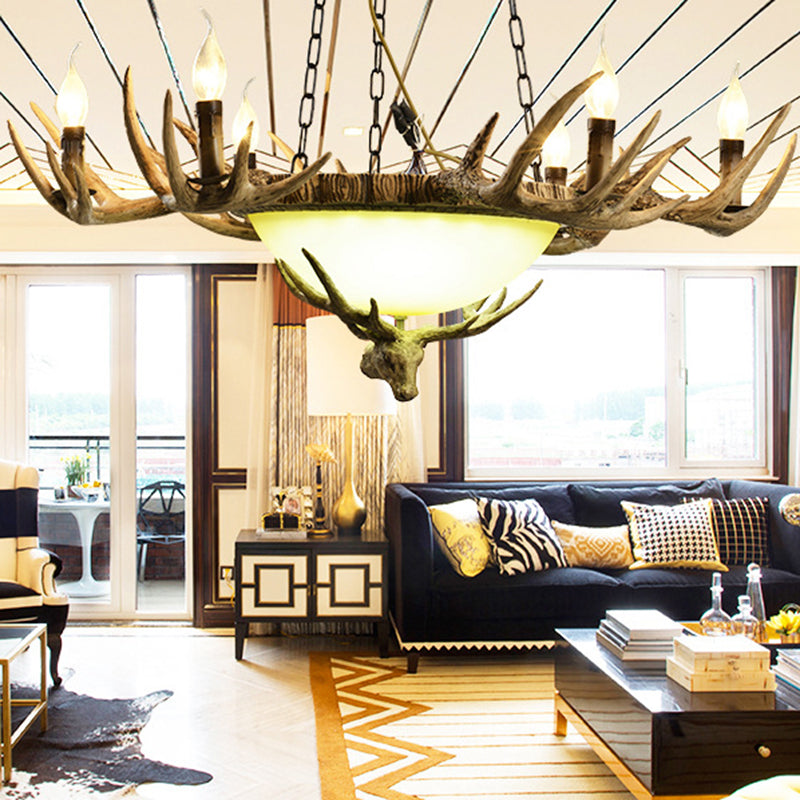 Candle Glass Ceiling Lamp Traditional 6-Head Living Room Chandelier Pendant Light in Brown