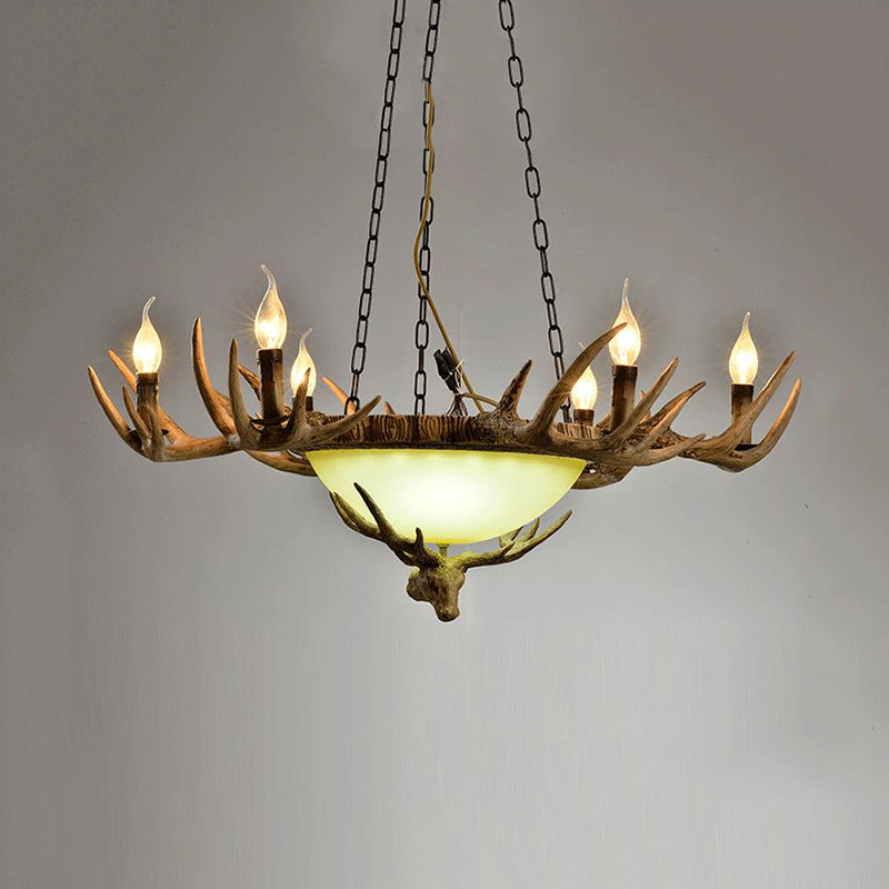 Candle Glass Ceiling Lamp Traditional 6-Head Living Room Chandelier Pendant Light in Brown