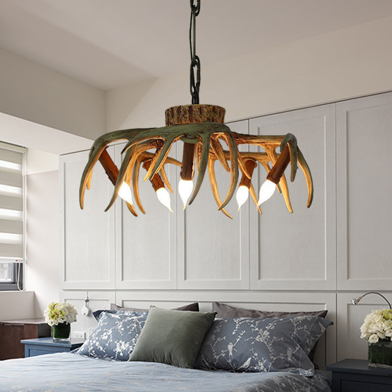 Traditional Candle Hanging Lamp 6 Bulbs Resin Chandelier Light Fixture in Brown for Restaurant