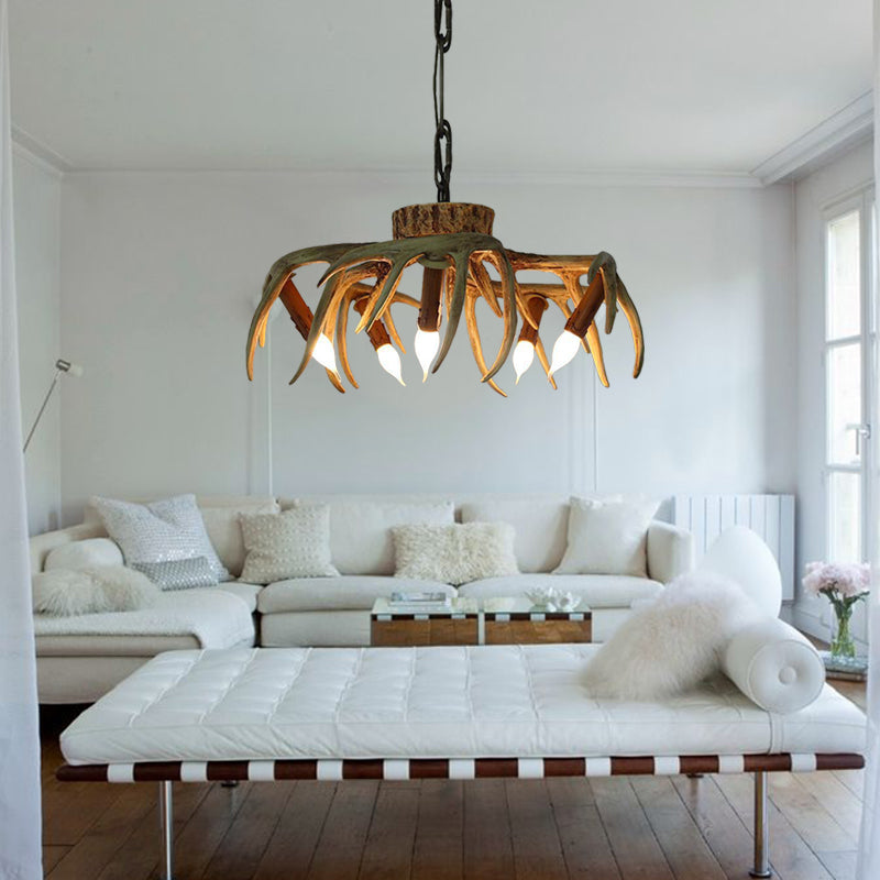 Traditional Candle Hanging Lamp 6 Bulbs Resin Chandelier Light Fixture in Brown for Restaurant