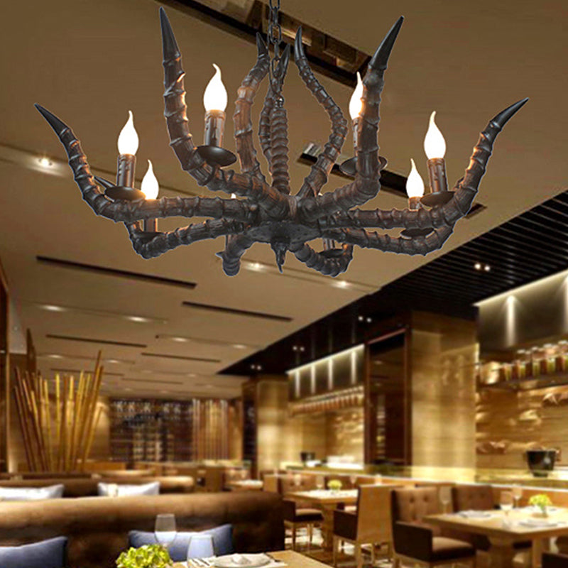 Rustic Sheep Horn Hanging Pendant 6 Lights Resin Ceiling Chandelier in Black for Restaurant