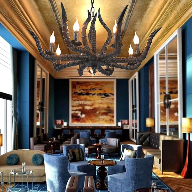 Rustic Sheep Horn Hanging Pendant 6 Lights Resin Ceiling Chandelier in Black for Restaurant