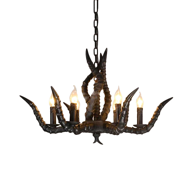 Rustic Sheep Horn Hanging Pendant 6 Lights Resin Ceiling Chandelier in Black for Restaurant