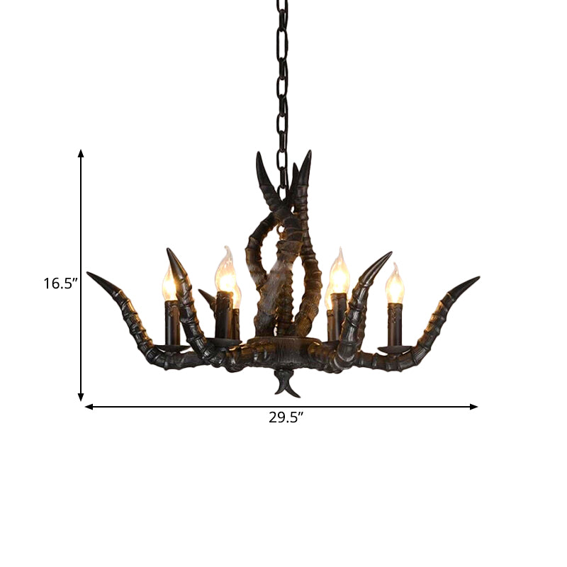Rustic Sheep Horn Hanging Pendant 6 Lights Resin Ceiling Chandelier in Black for Restaurant