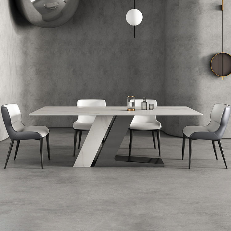 Modern Style Sintered Stone Dining Set with White Rectangle Shape Table and Double Pedestal Base