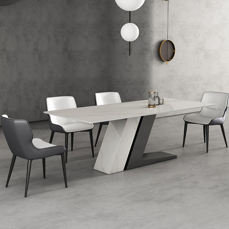 Modern Style Sintered Stone Dining Set with White Rectangle Shape Table and Double Pedestal Base