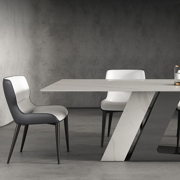 Modern Style Sintered Stone Dining Set with White Rectangle Shape Table and Double Pedestal Base