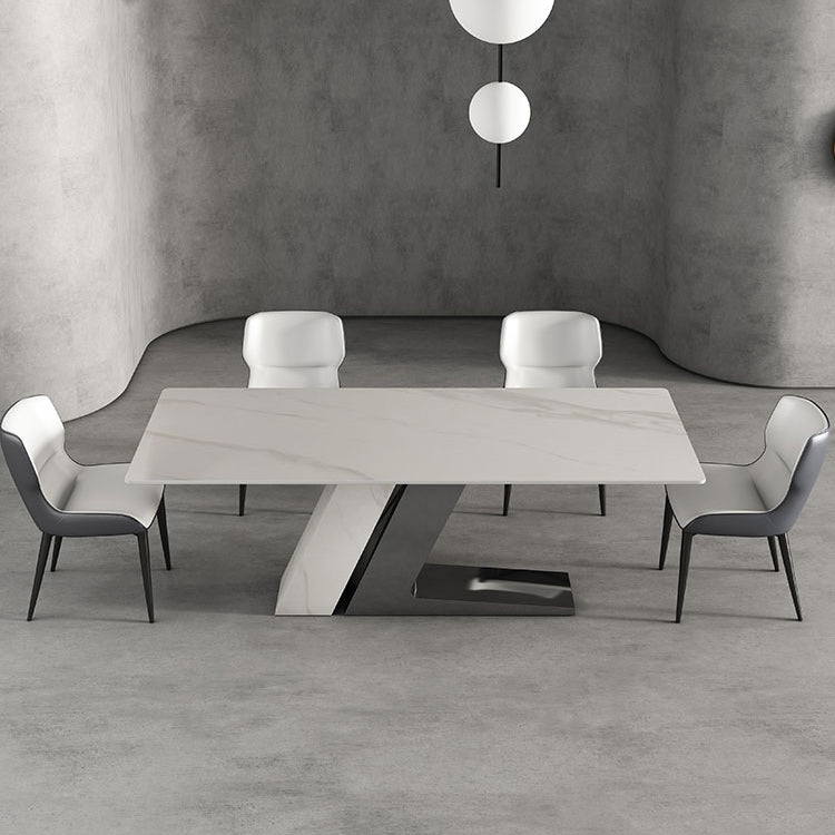 Modern Style Sintered Stone Dining Set with White Rectangle Shape Table and Double Pedestal Base