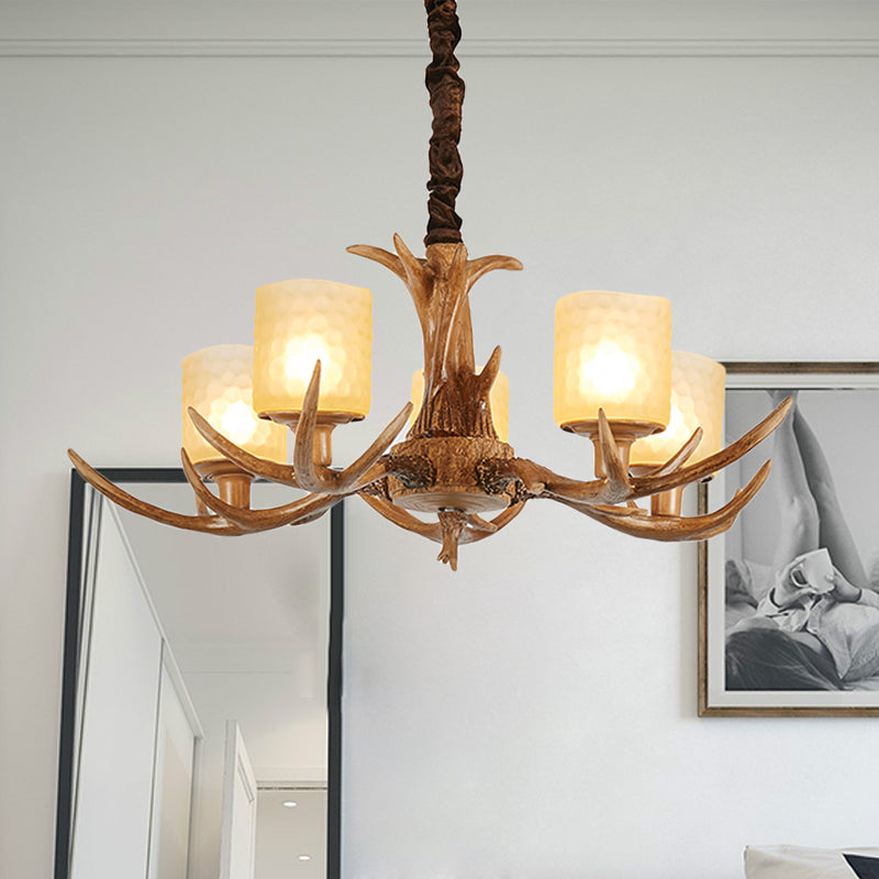 Cylindrical Glass Ceiling Lamp Traditional 4/6/8-Bulb Living Room Pendant Chandelier in Brown