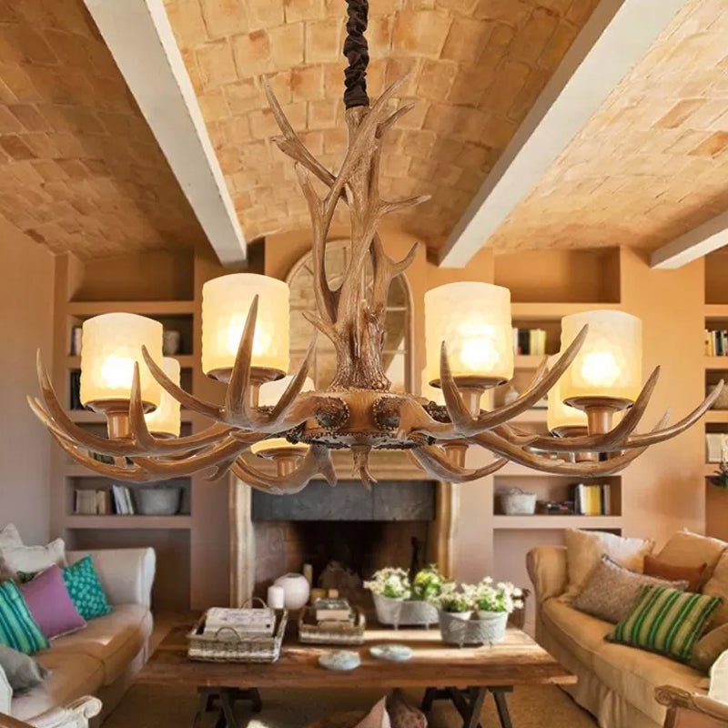 Cylindrical Glass Ceiling Lamp Traditional 4/6/8-Bulb Living Room Pendant Chandelier in Brown